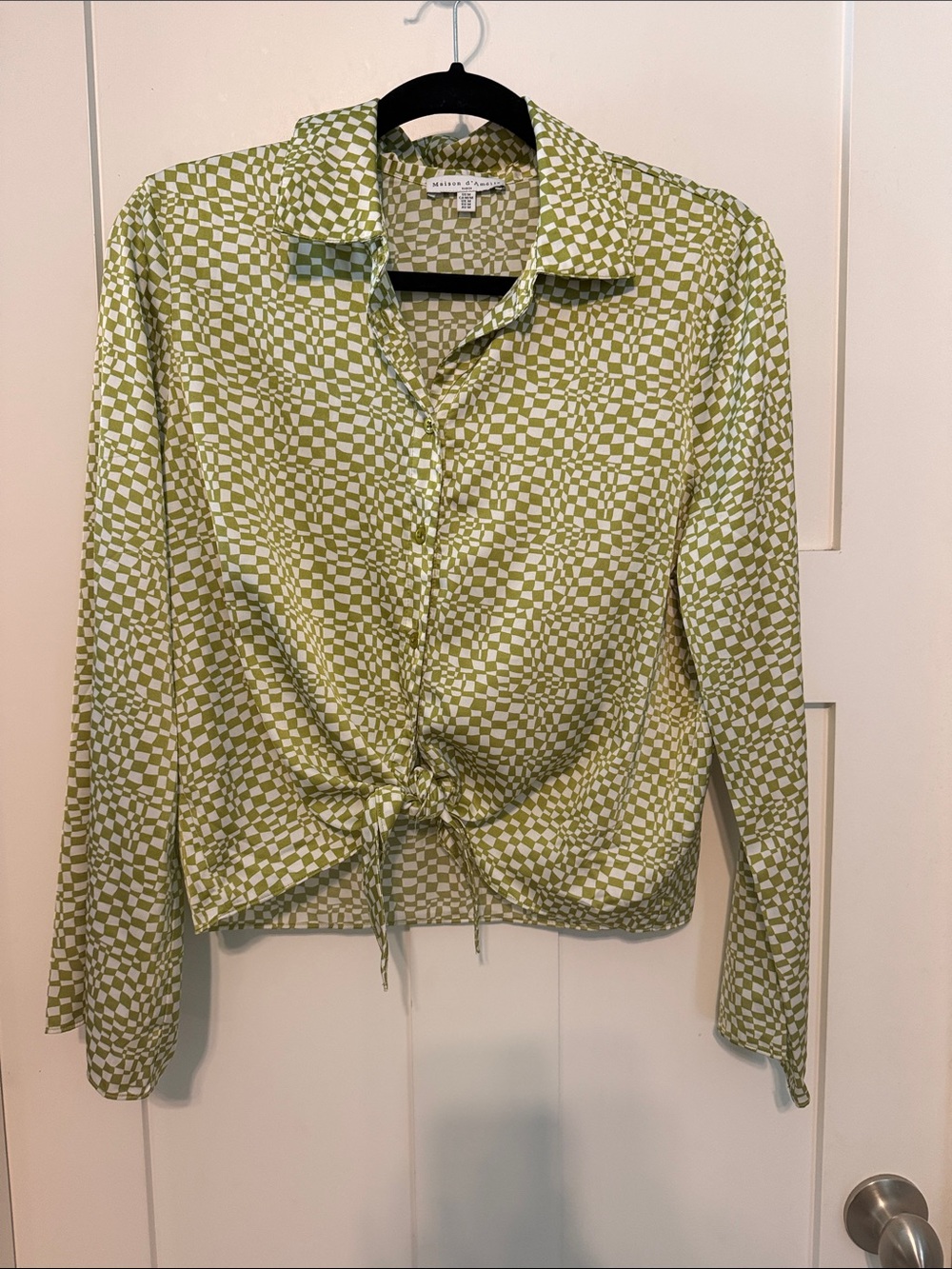 Tie-Front Checker Button-Down Shirt - Olive Green